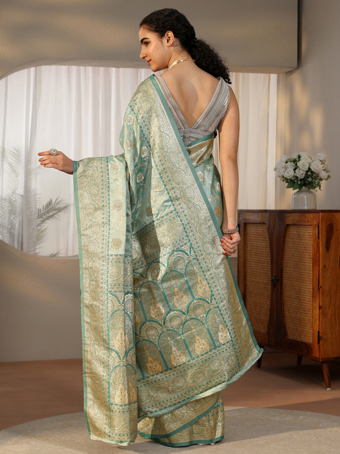 Mameraa Sea Green Banarasi Satin Saree
