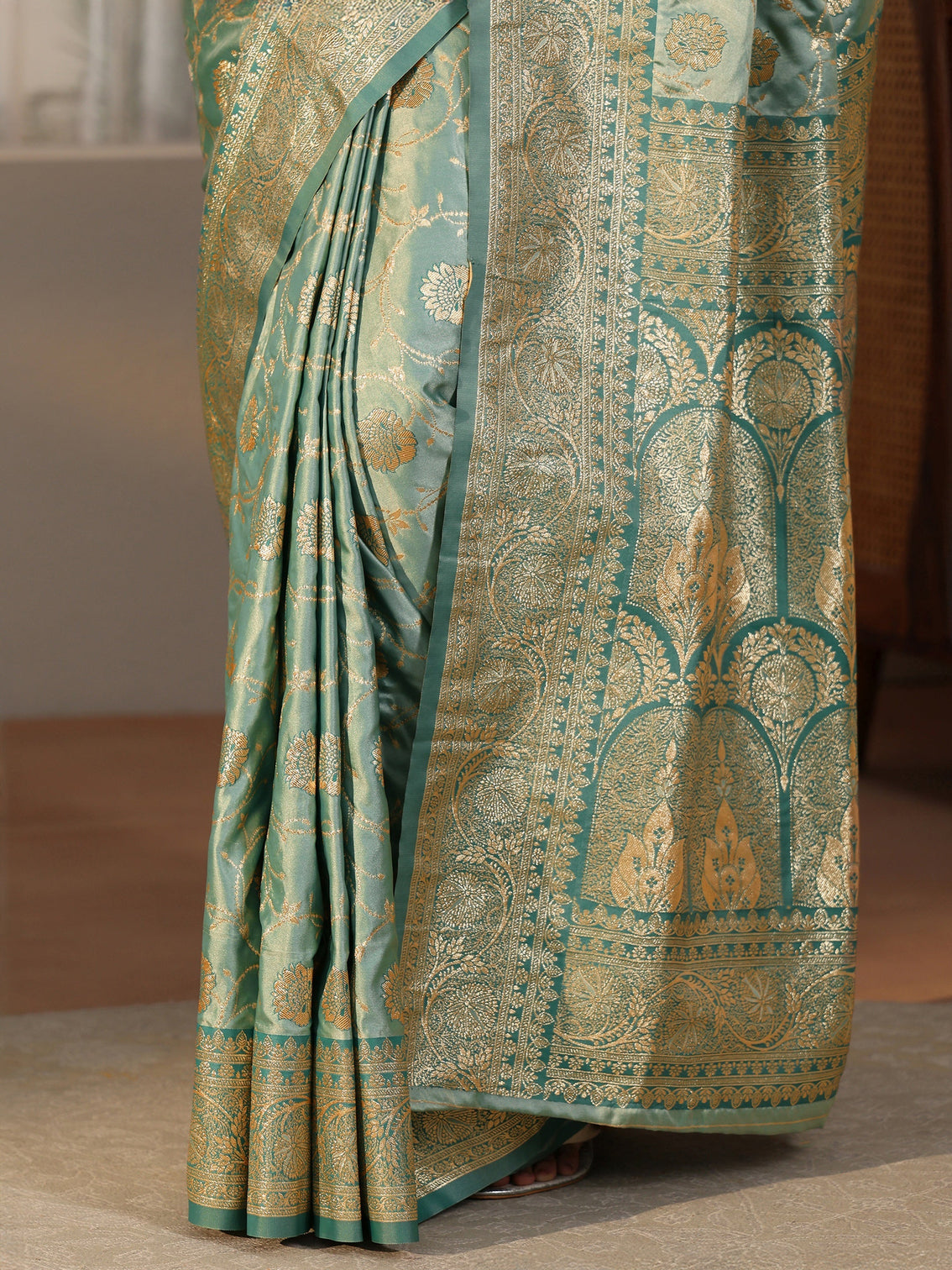 Mameraa Sea Green Banarasi Satin Saree