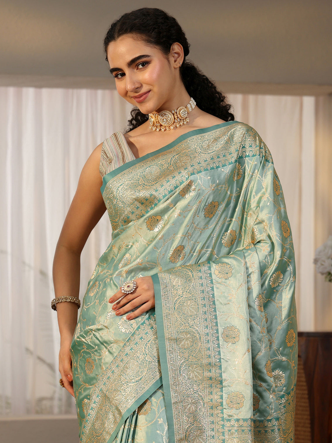Mameraa Sea Green Banarasi Satin Saree