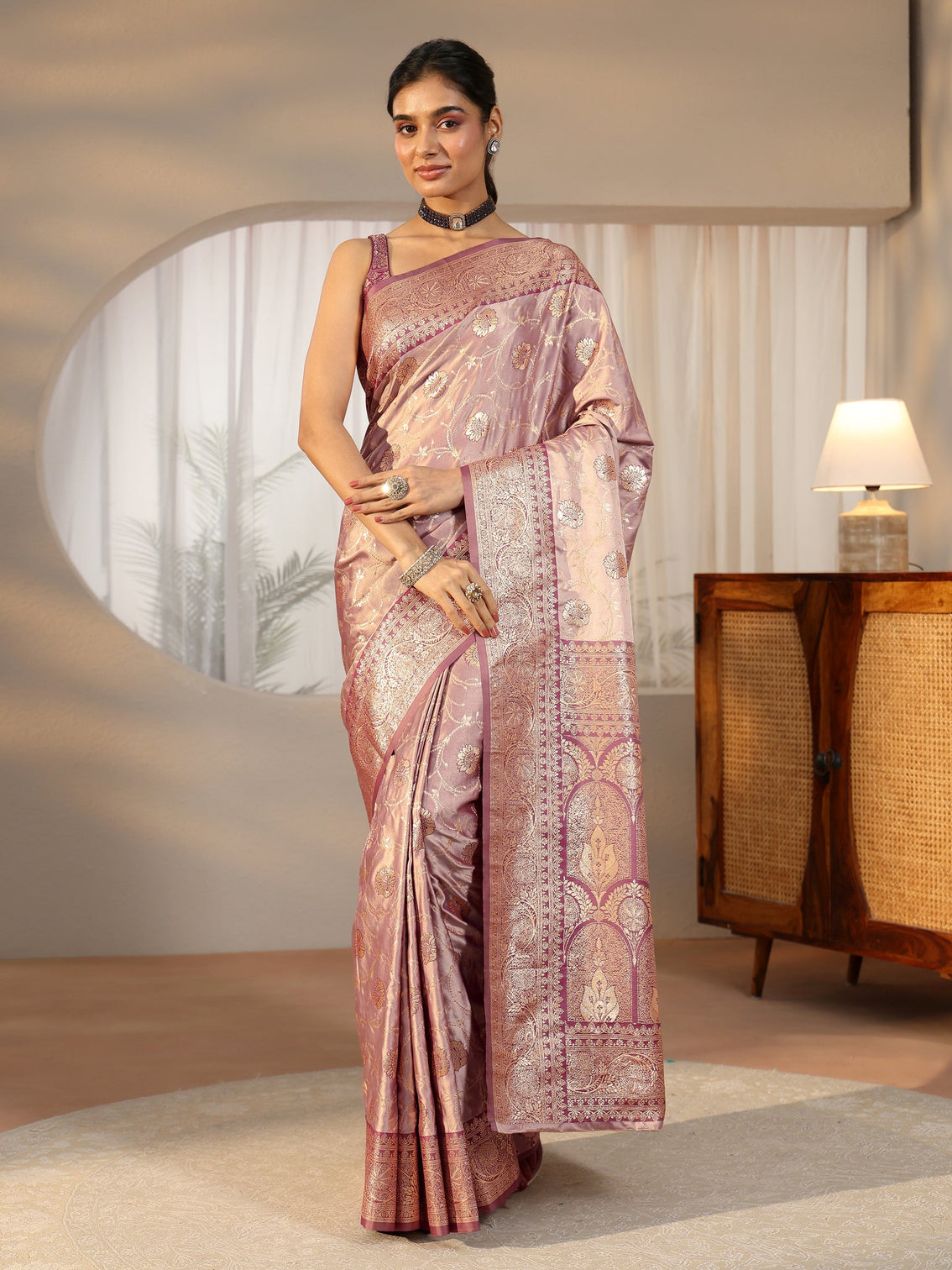 Mameraa Dusty Lilac Banarasi Satin Saree
