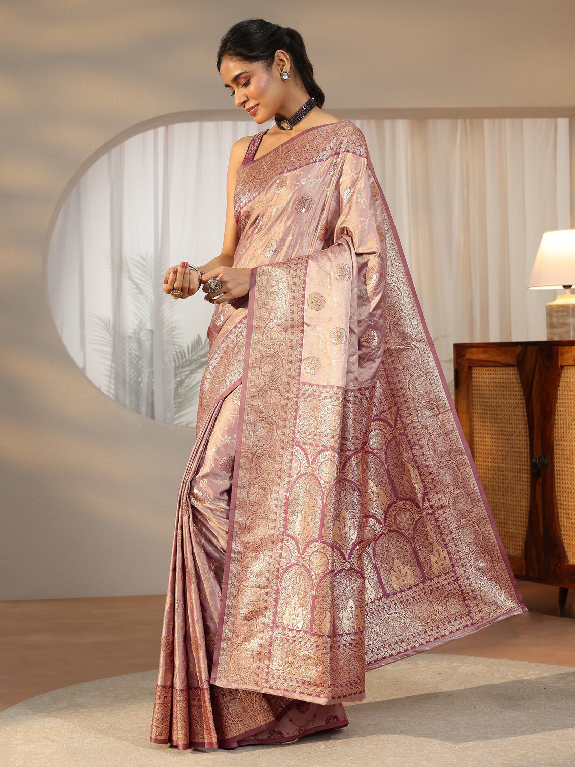 Mameraa Dusty Lilac Banarasi Satin Saree