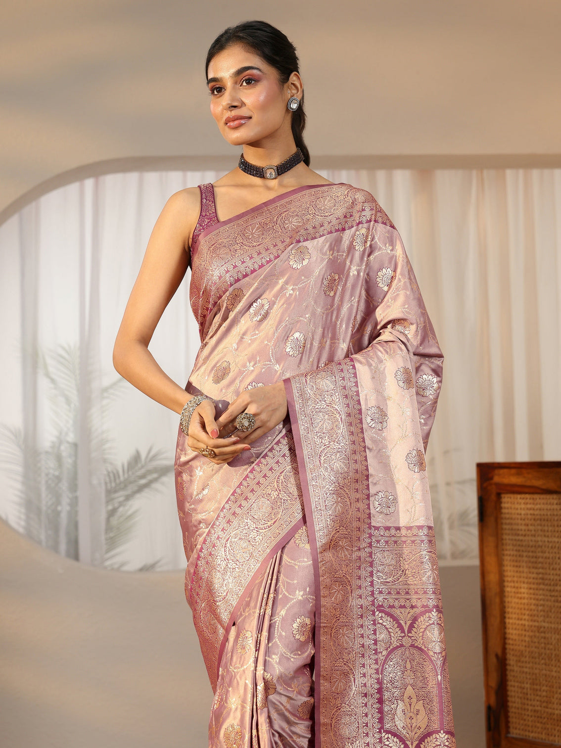 Mameraa Dusty Lilac Banarasi Satin Saree