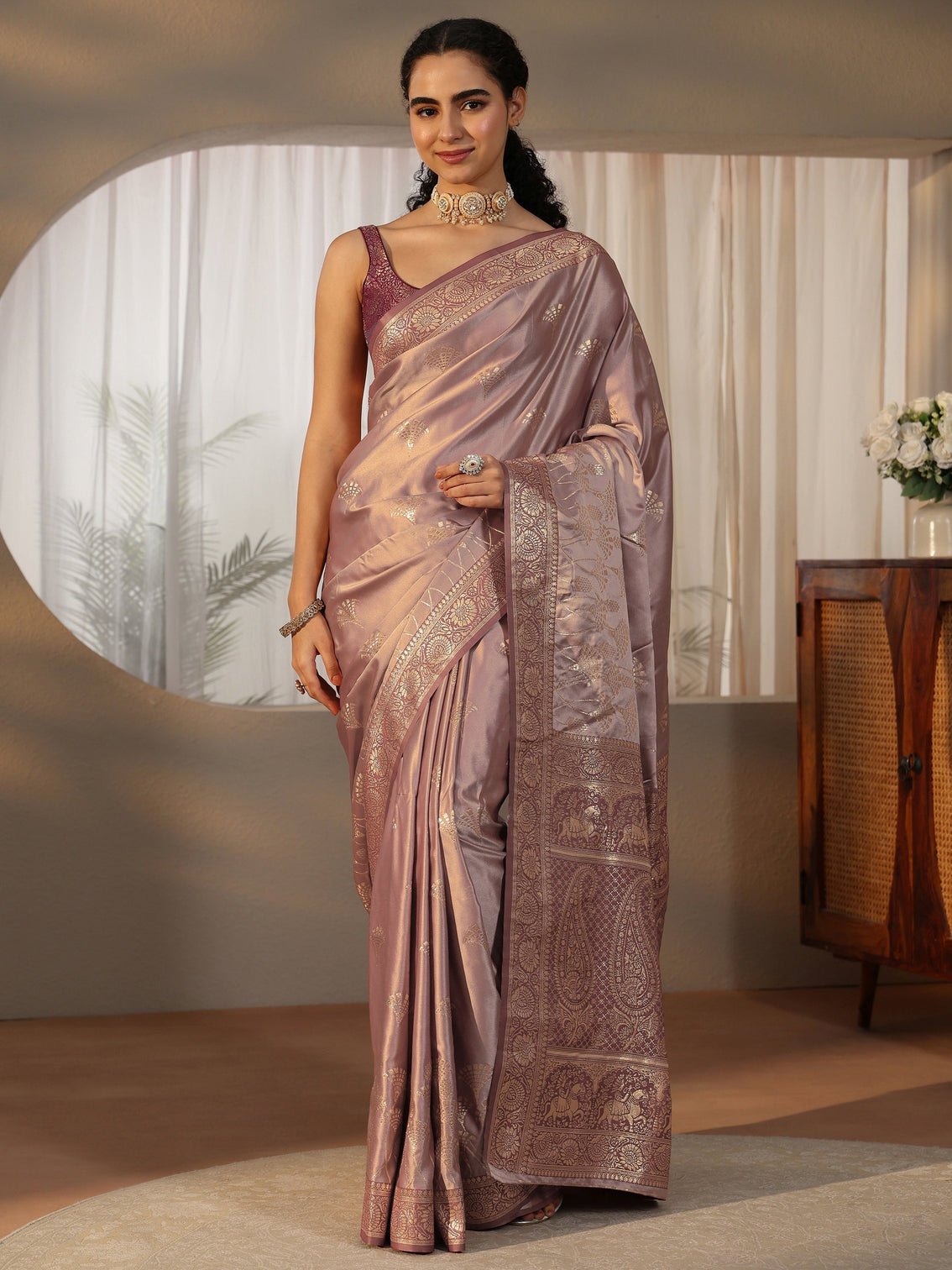 Mameraa Mauve Banarasi Satin Saree