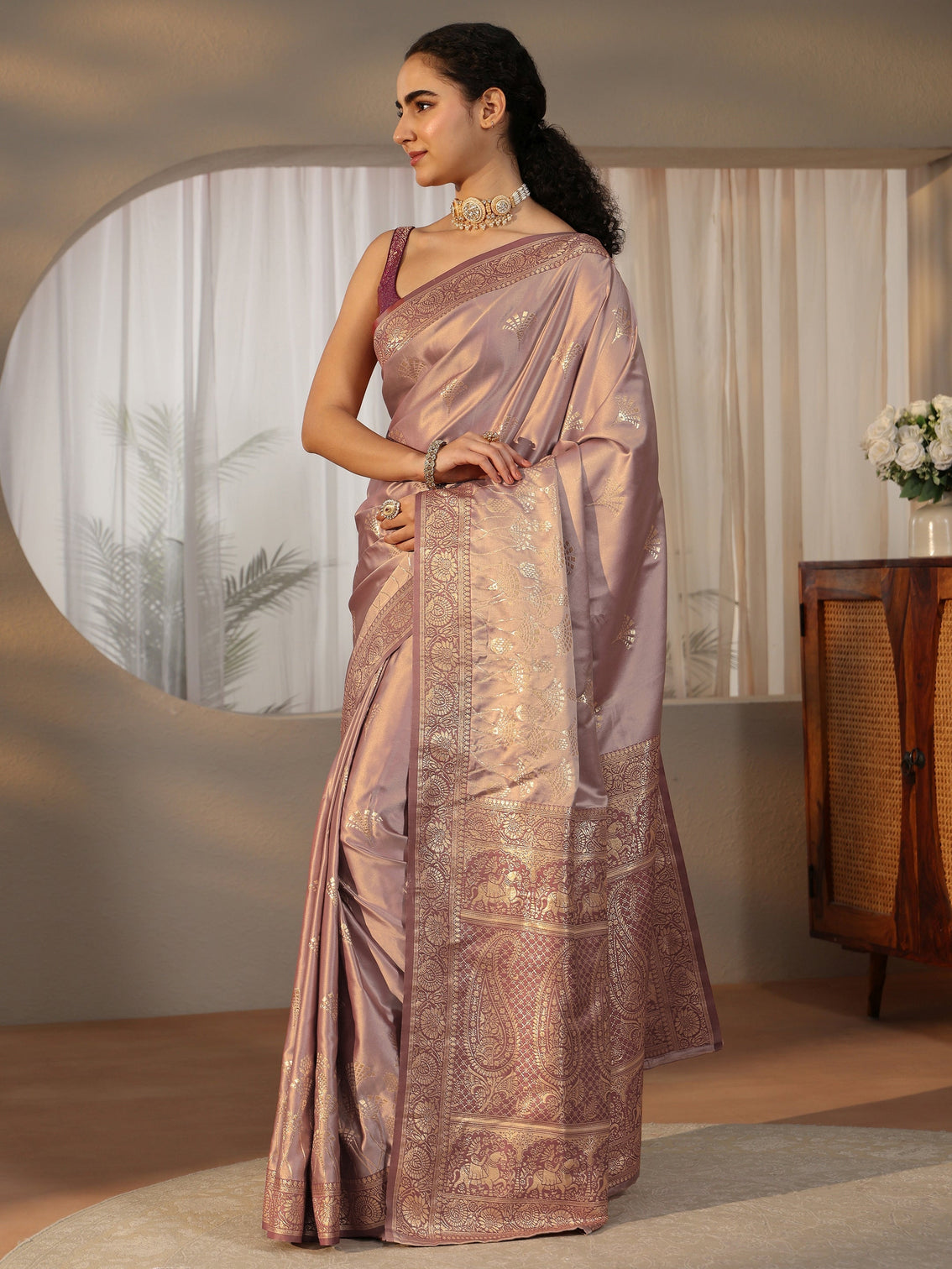 Mameraa Mauve Banarasi Satin Saree