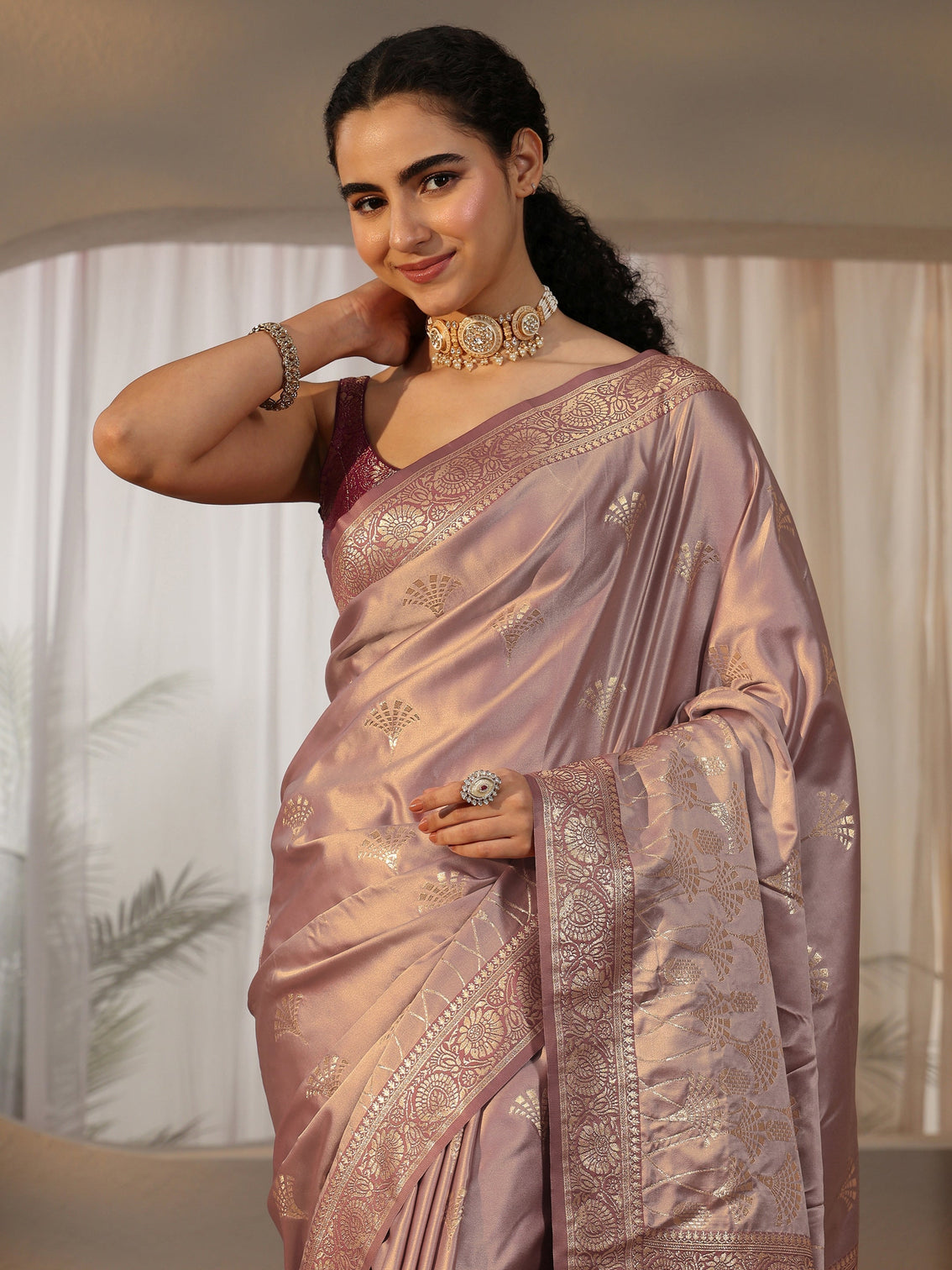 Mameraa Mauve Banarasi Satin Saree