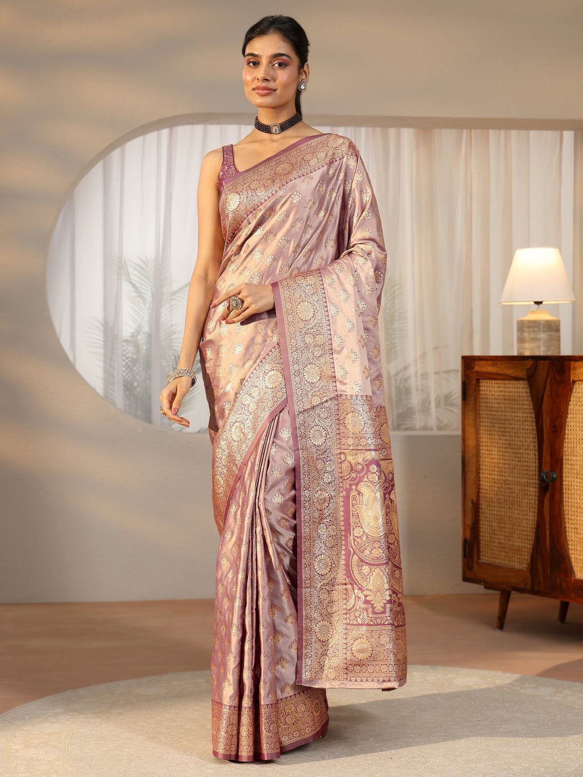Mameraa Dusty Lilac Banarasi Satin Saree
