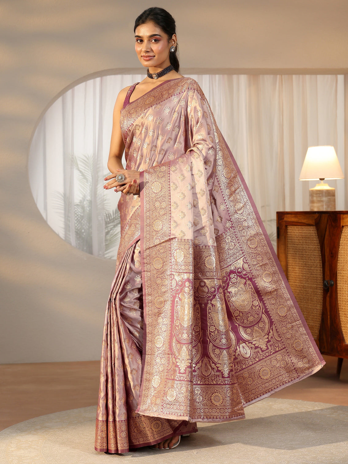 Mameraa Dusty Lilac Banarasi Satin Saree
