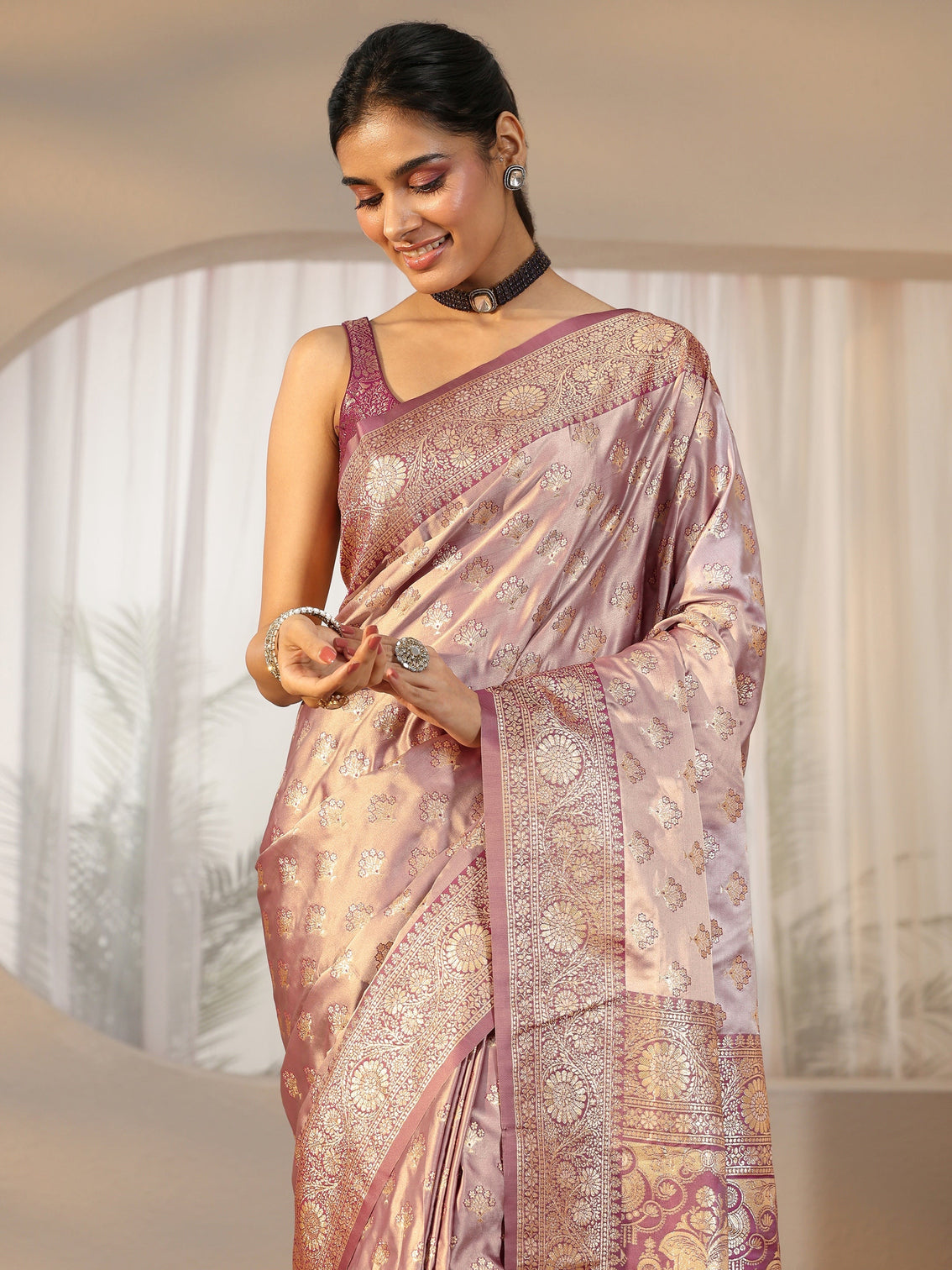 Mameraa Dusty Lilac Banarasi Satin Saree