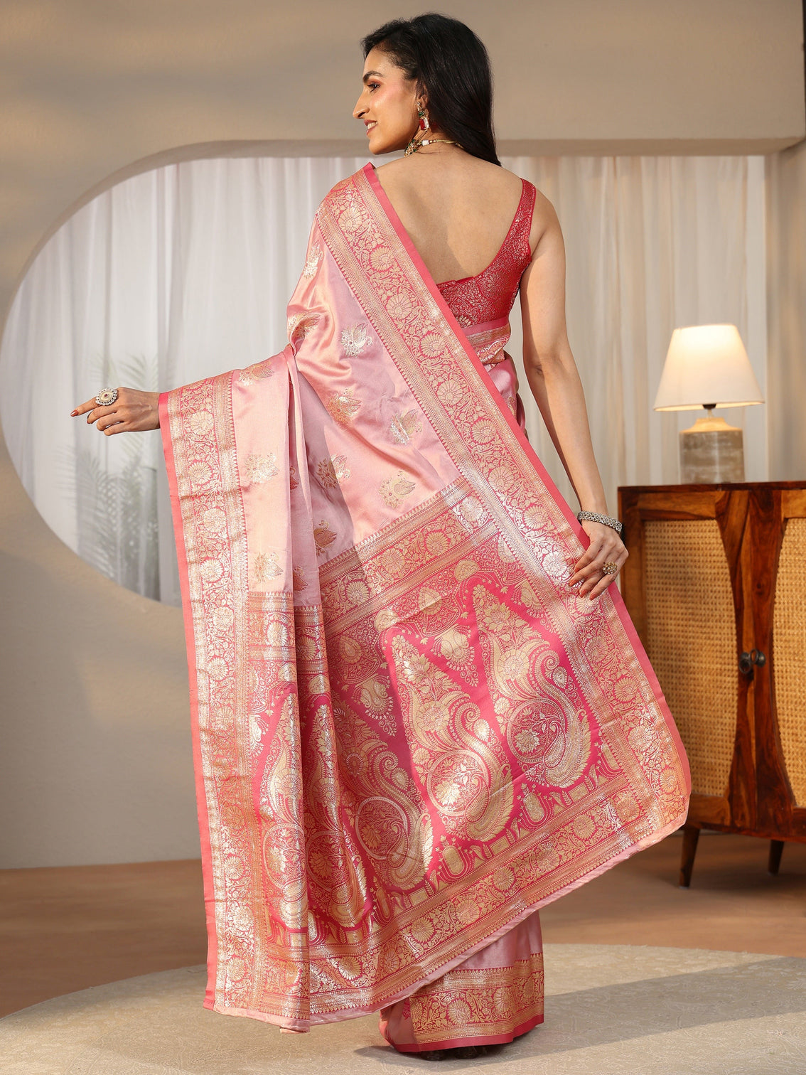 Mameraa Rose Pink Banarasi Satin Saree