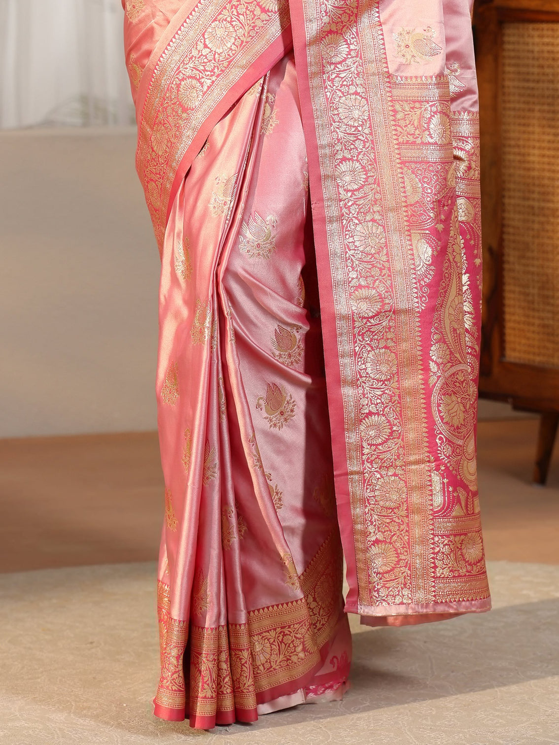 Mameraa Rose Pink Banarasi Satin Saree