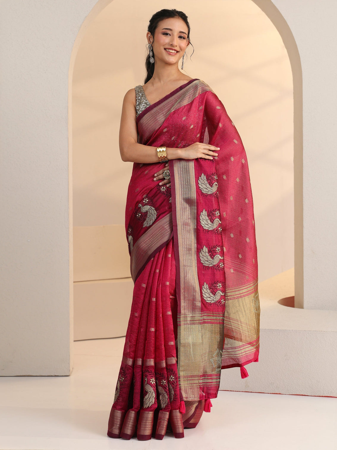 Mameraa Cranberry Pink Peacock Motif Chanderi Silk Saree