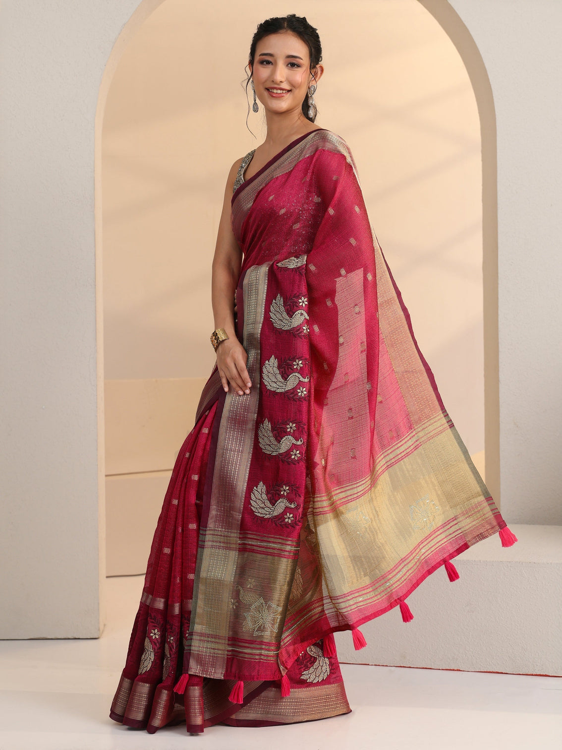 Mameraa Cranberry Pink Peacock Motif Chanderi Silk Saree