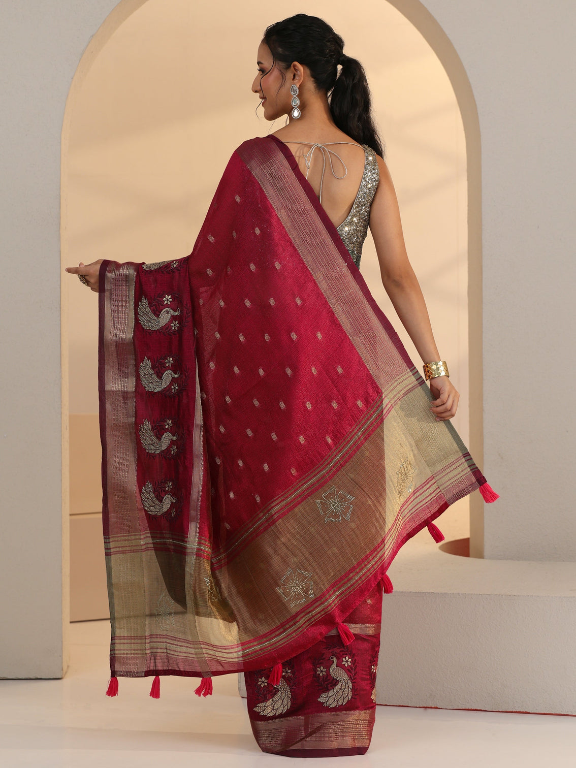 Mameraa Cranberry Pink Peacock Motif Chanderi Silk Saree