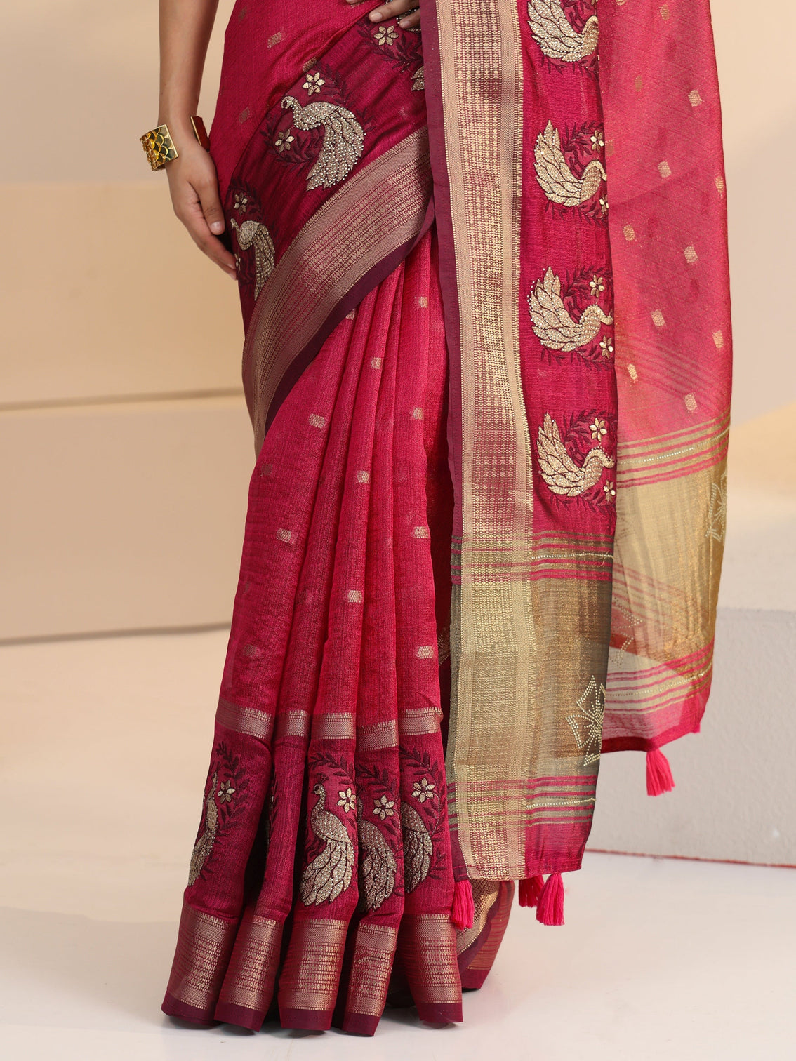Mameraa Cranberry Pink Peacock Motif Chanderi Silk Saree