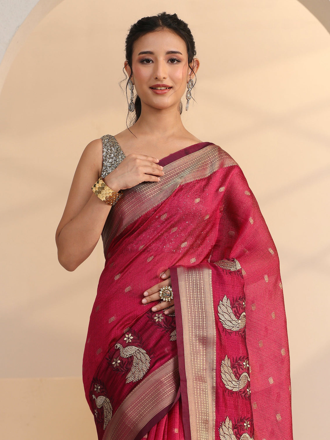 Mameraa Cranberry Pink Peacock Motif Chanderi Silk Saree