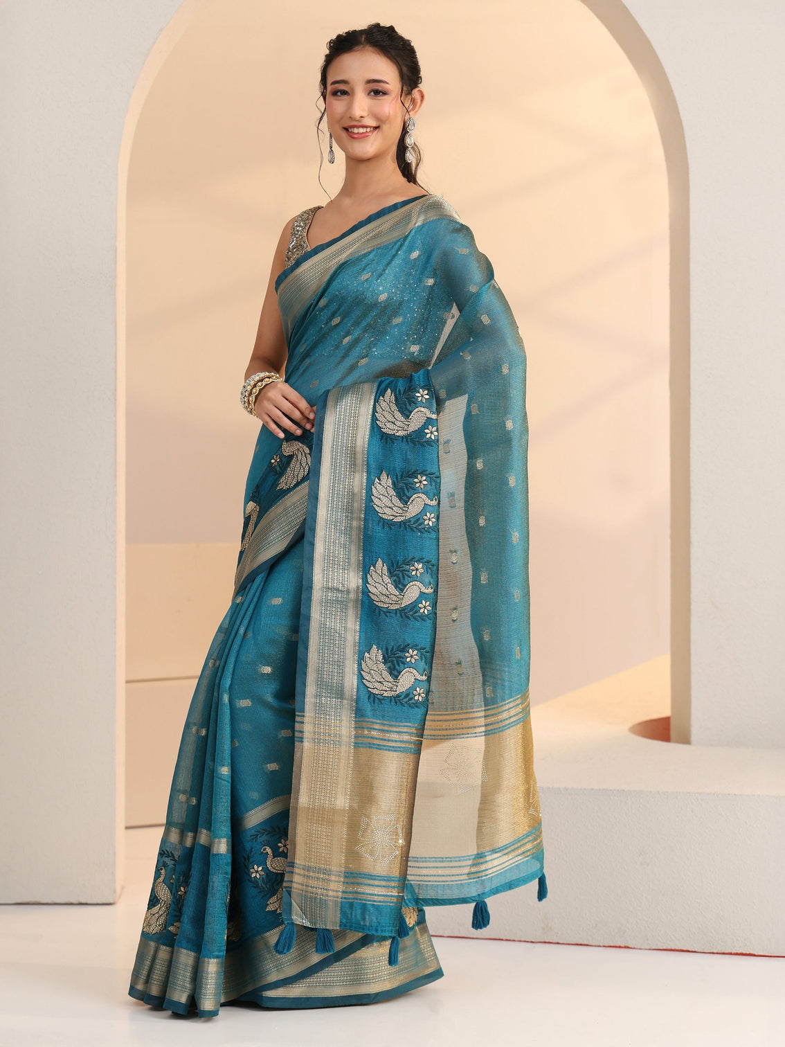 Mameraa Aqua Blue Peacock Motif Chanderi Silk Saree