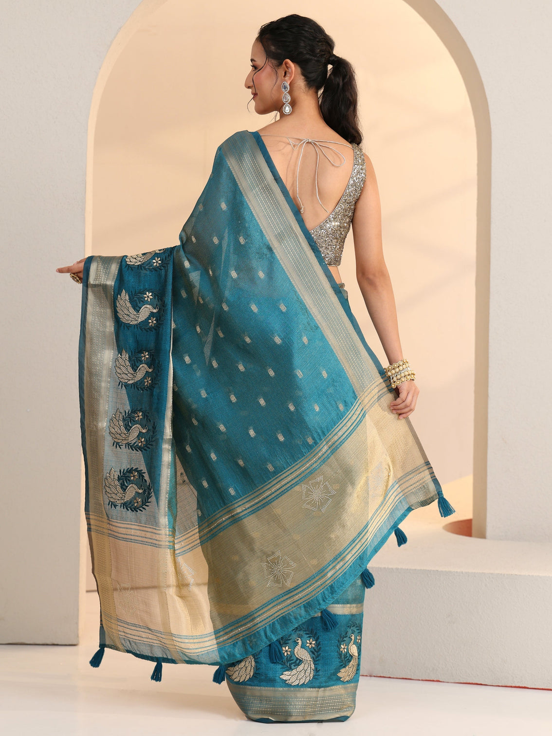 Mameraa Aqua Blue Peacock Motif Chanderi Silk Saree