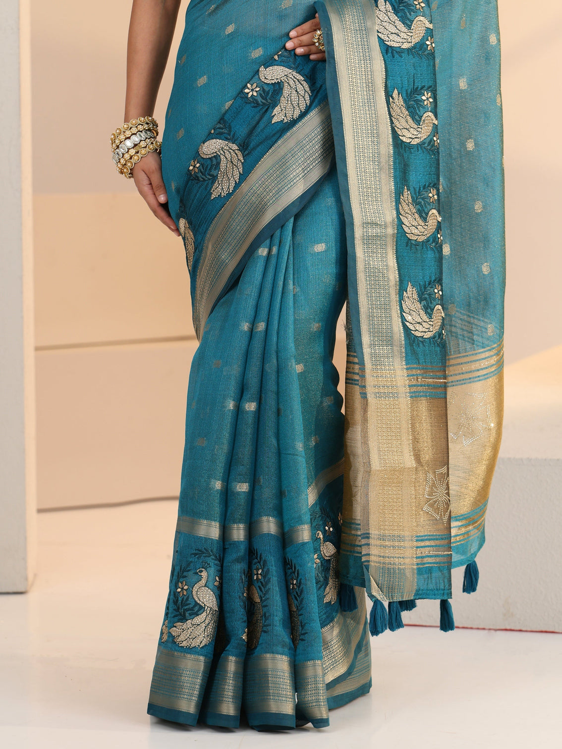 Mameraa Aqua Blue Peacock Motif Chanderi Silk Saree
