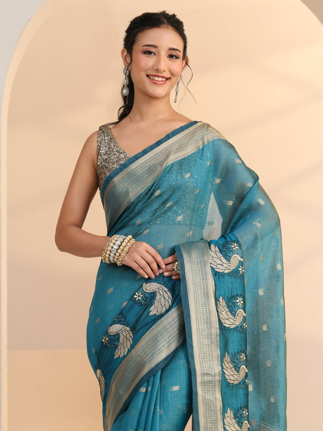 Mameraa Aqua Blue Peacock Motif Chanderi Silk Saree