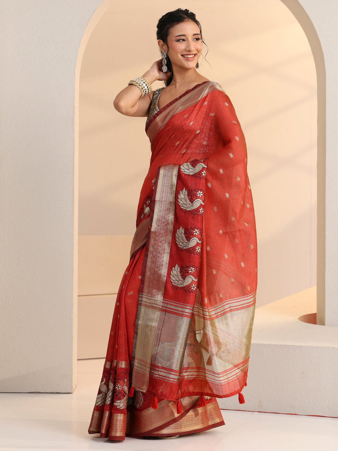 Mameraa Terracotta Red Peacock Motif Chanderi Silk Saree