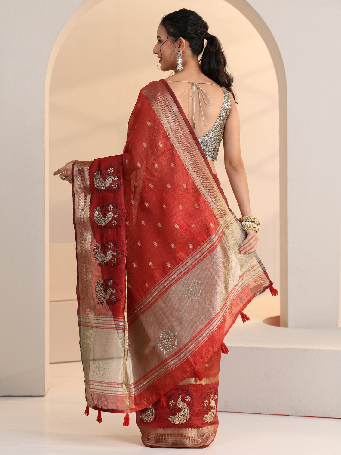Mameraa Terracotta Red Peacock Motif Chanderi Silk Saree