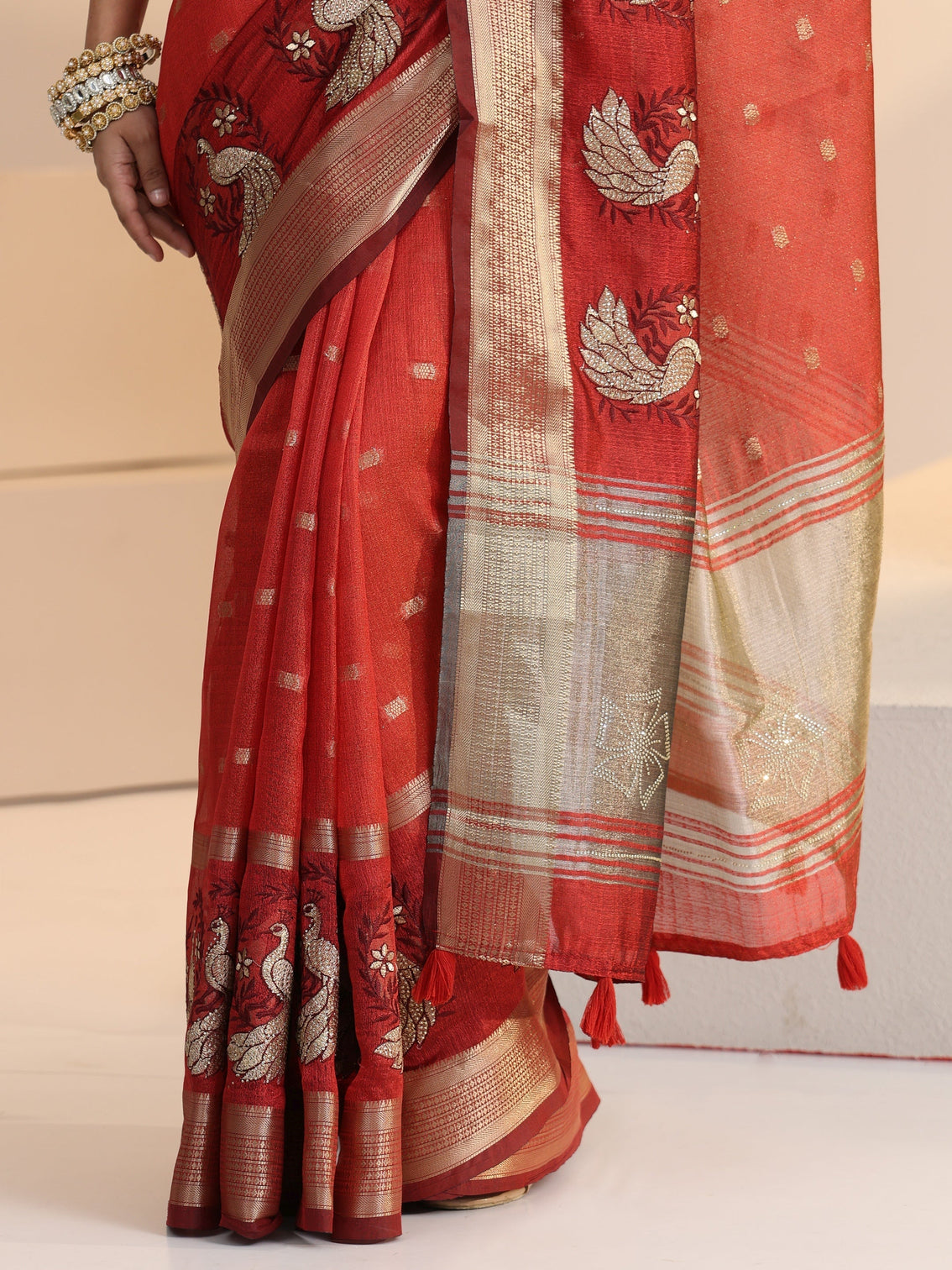 Mameraa Terracotta Red Peacock Motif Chanderi Silk Saree