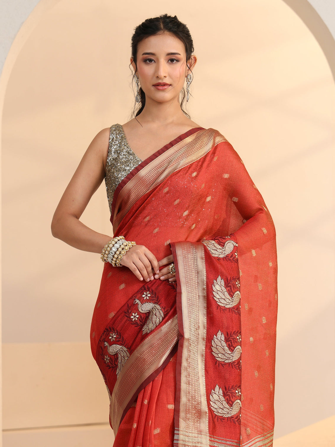 Mameraa Terracotta Red Peacock Motif Chanderi Silk Saree