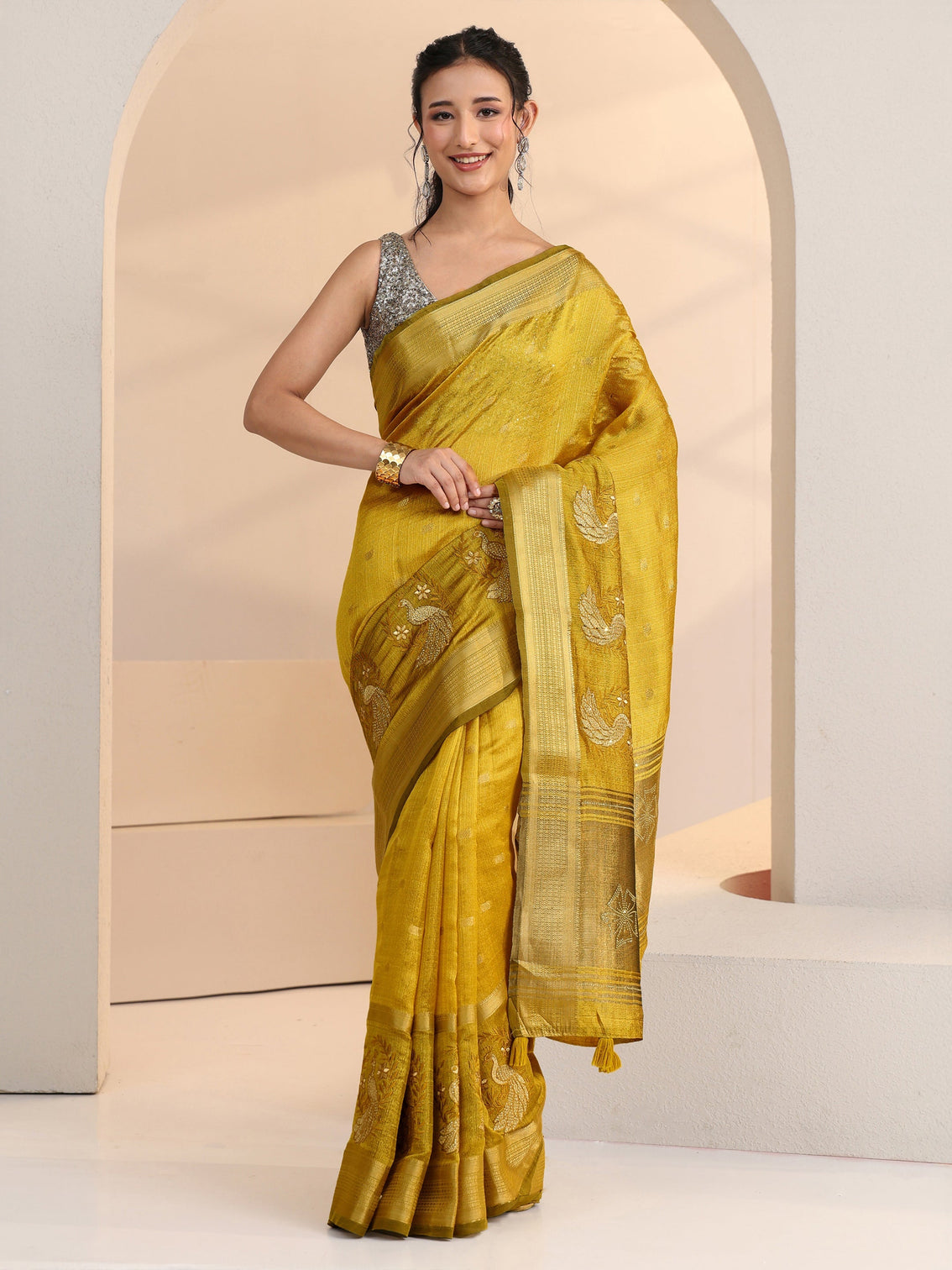 Mameraa Henna Green Peacock Motif Chanderi Silk Saree