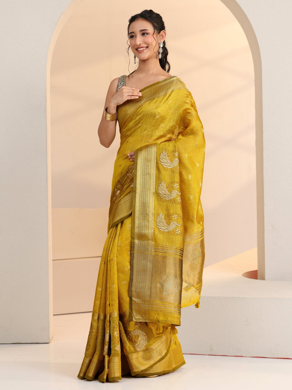 Mameraa Henna Green Peacock Motif Chanderi Silk Saree