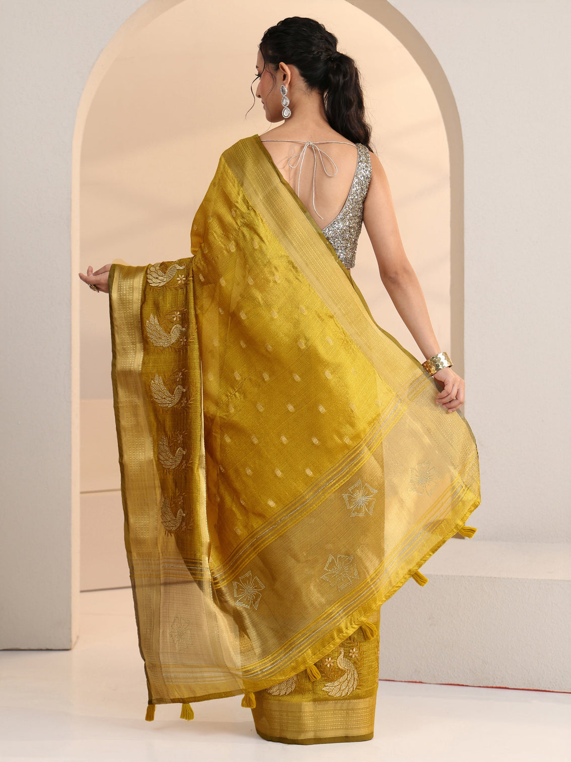 Mameraa Henna Green Peacock Motif Chanderi Silk Saree