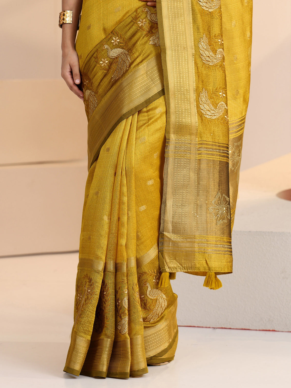 Mameraa Henna Green Peacock Motif Chanderi Silk Saree