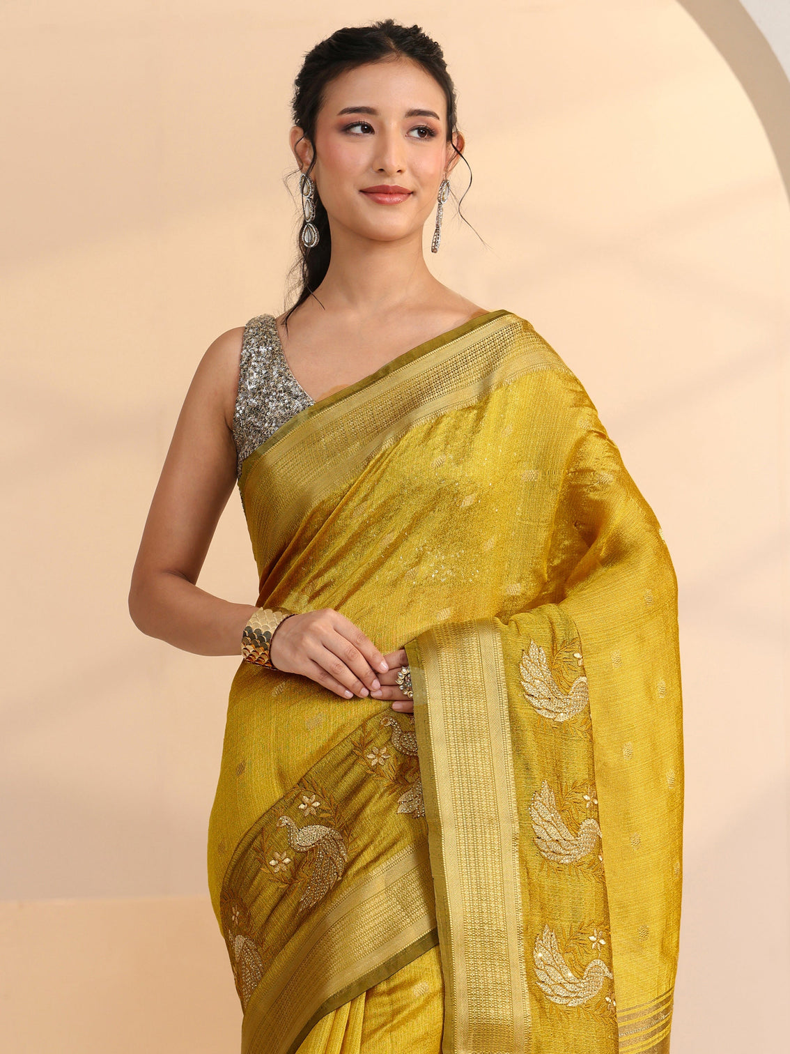 Mameraa Henna Green Peacock Motif Chanderi Silk Saree