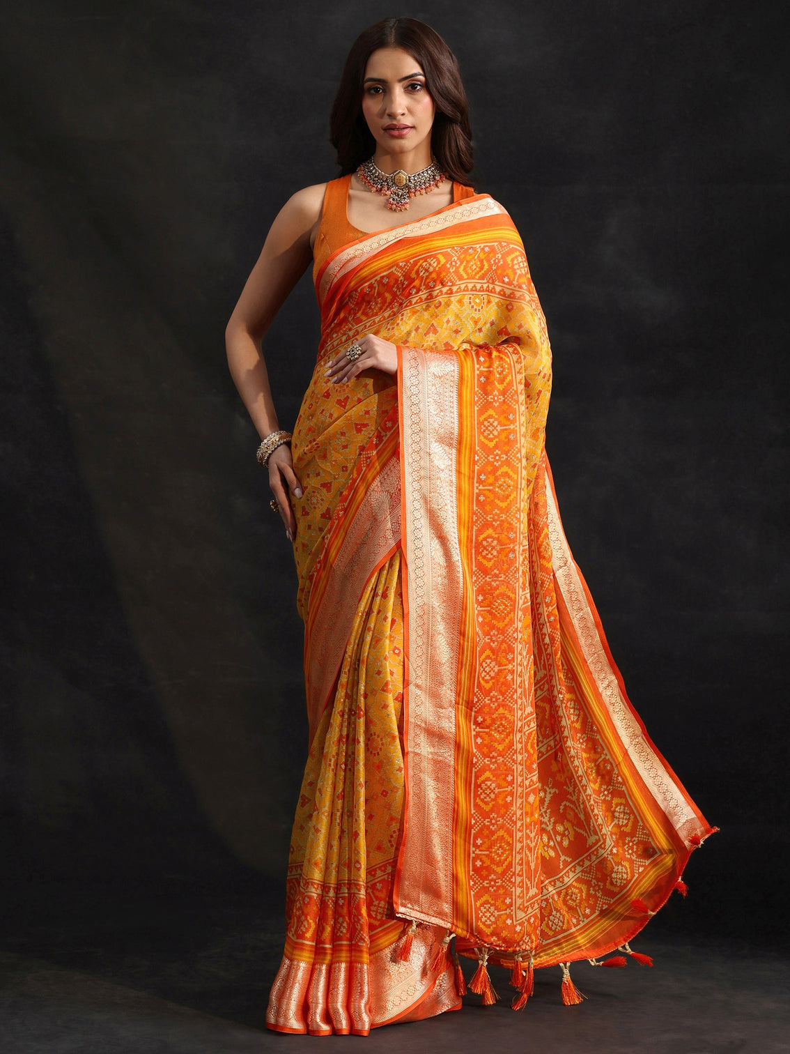 Mameraa Mustard Patola Printed Chanderi Silk Saree