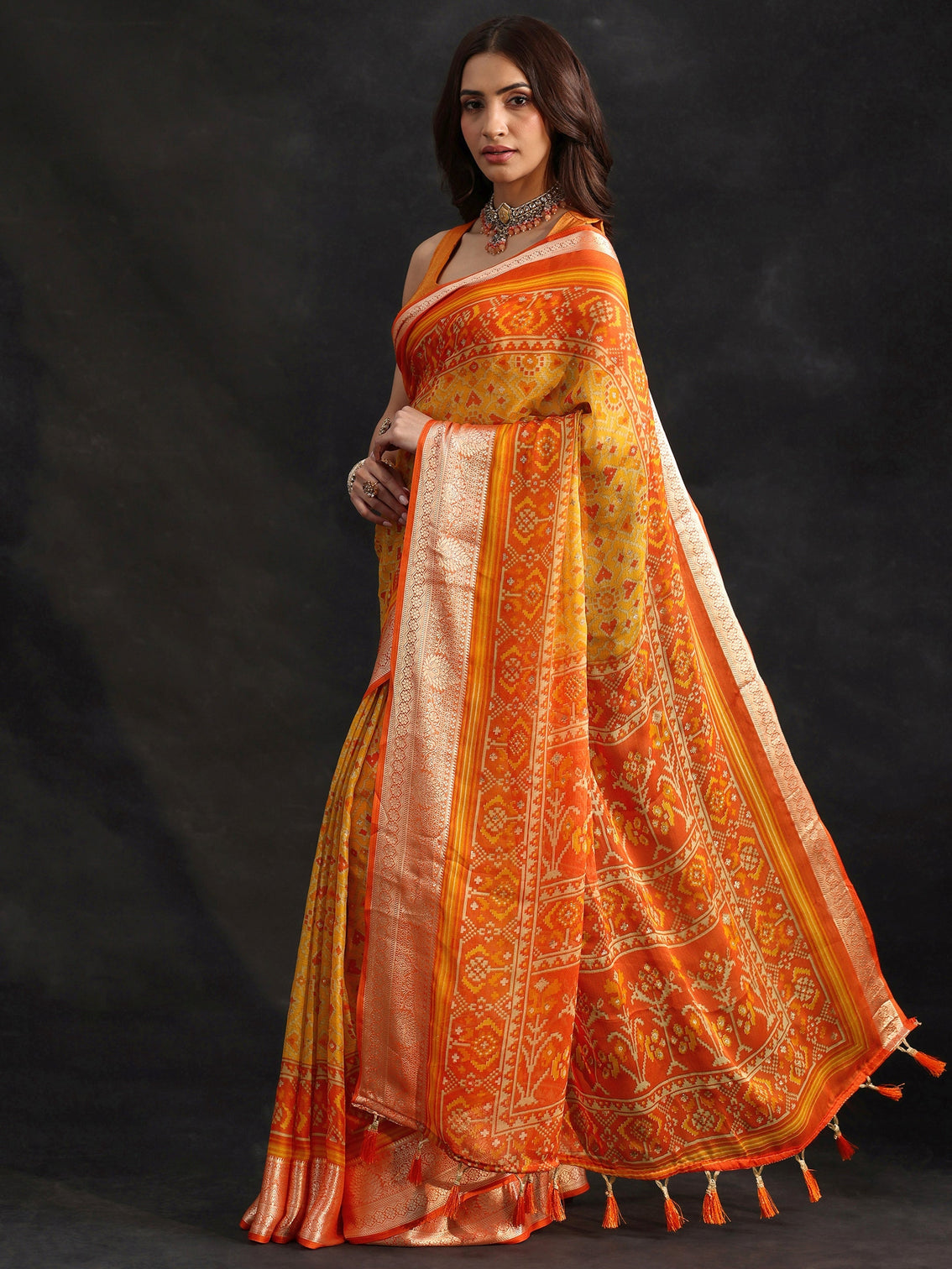 Mameraa Mustard Patola Printed Chanderi Silk Saree