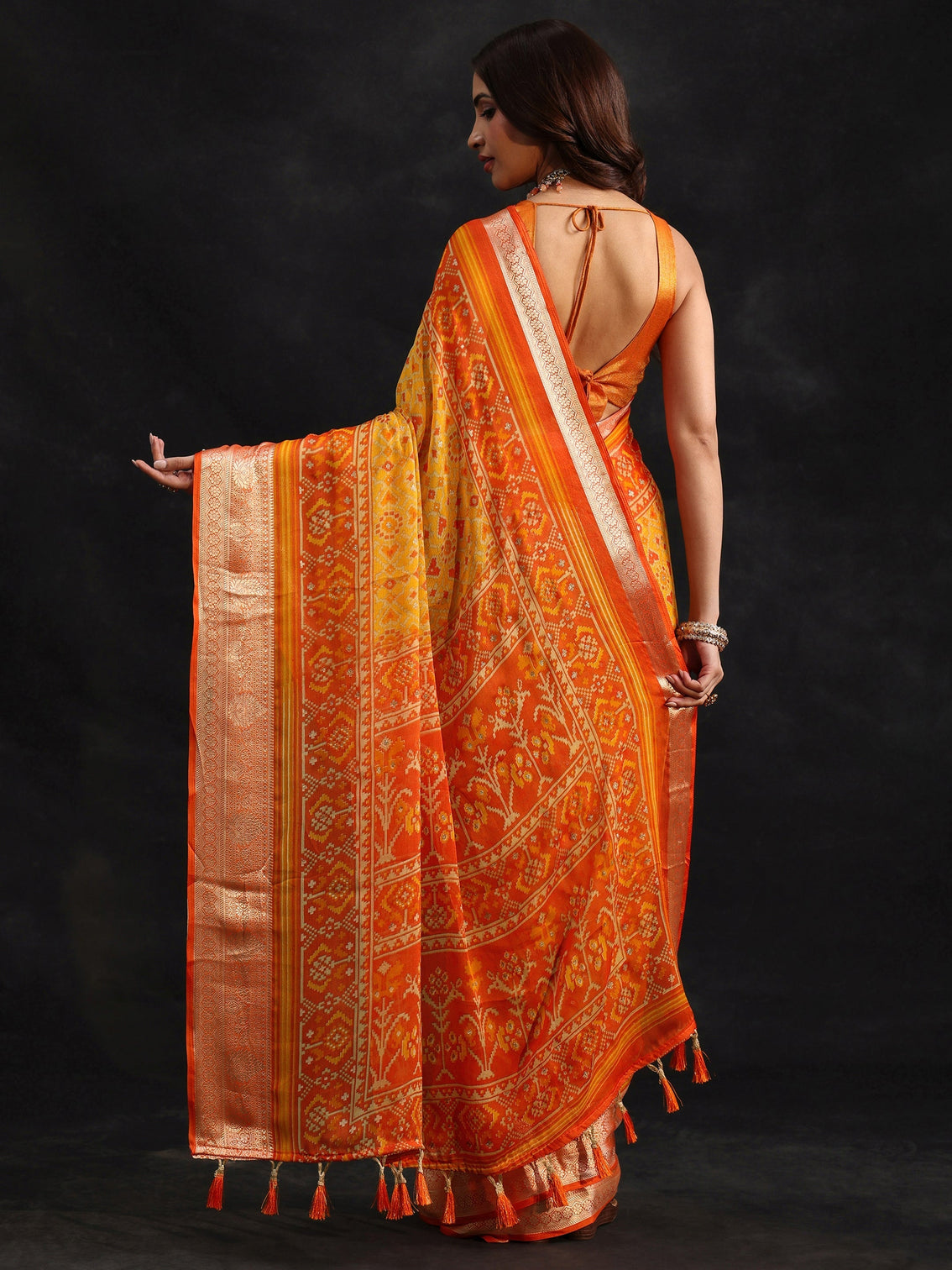Mameraa Mustard Patola Printed Chanderi Silk Saree