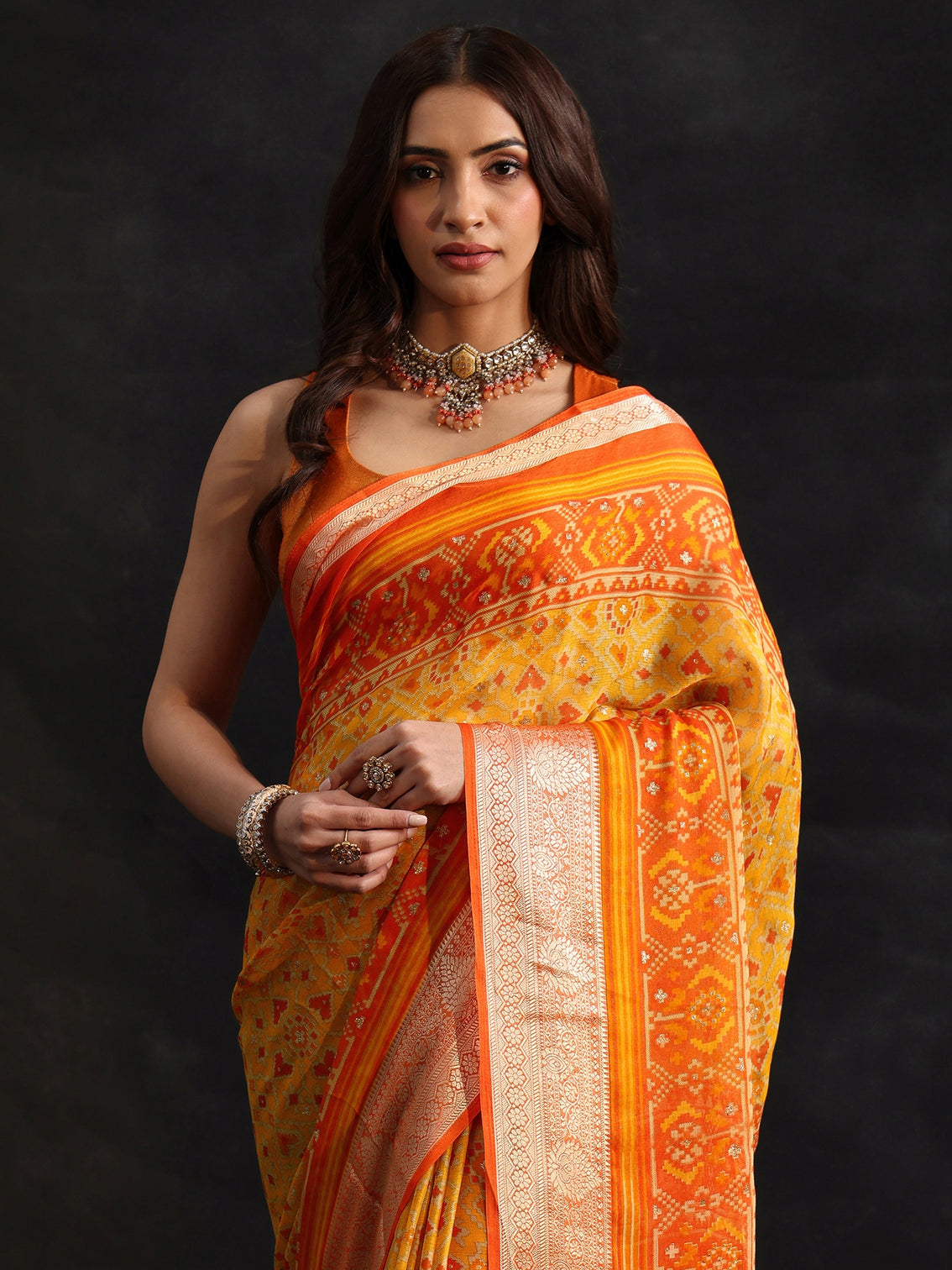 Mameraa Mustard Patola Printed Chanderi Silk Saree