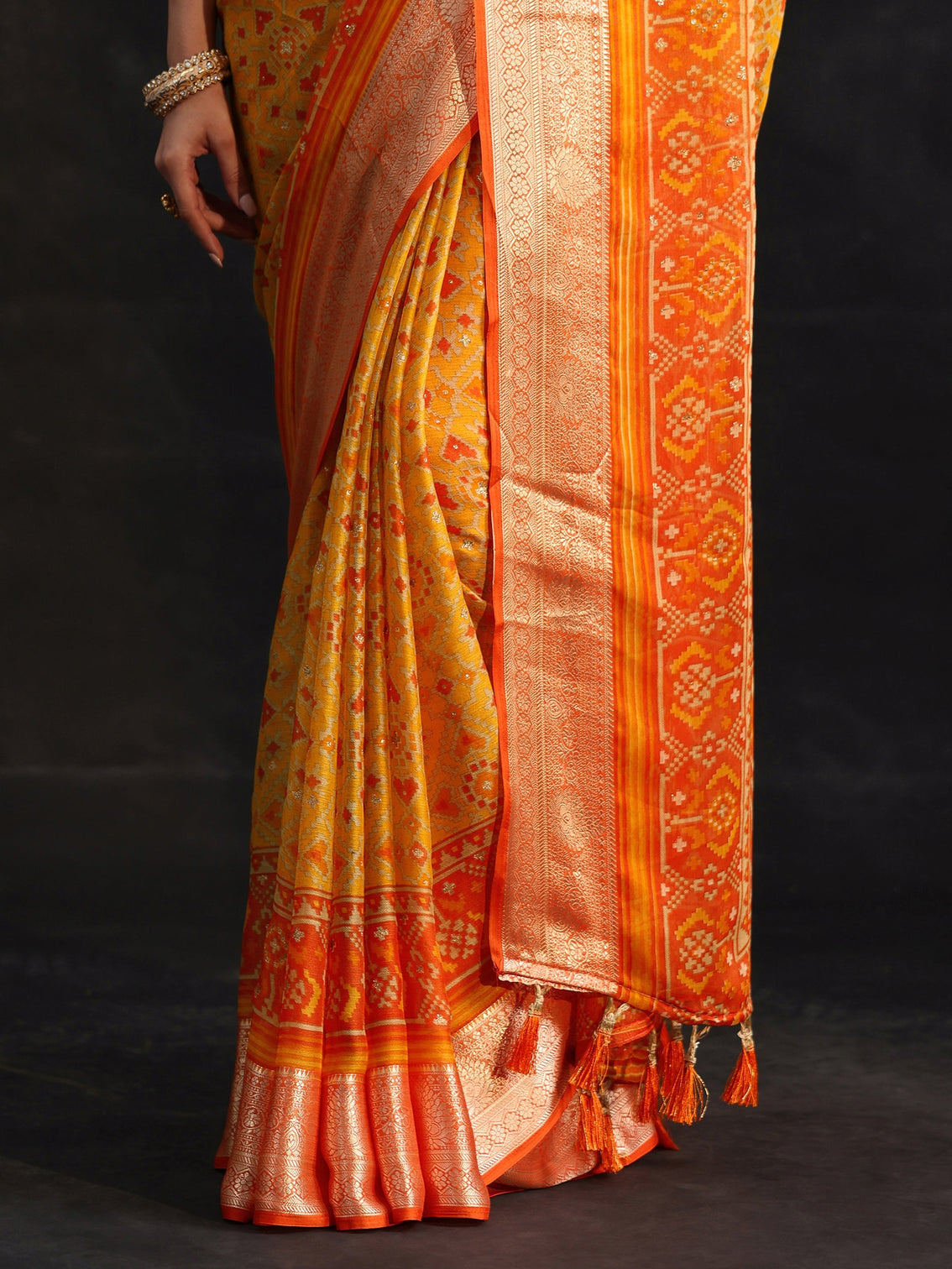Mameraa Mustard Patola Printed Chanderi Silk Saree