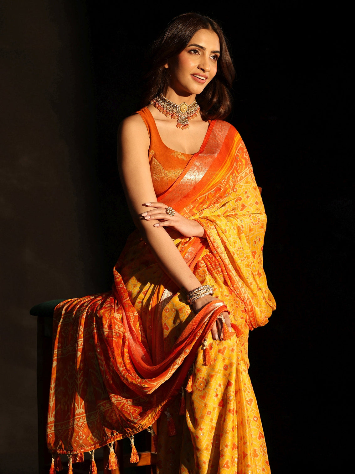 Mameraa Mustard Patola Printed Chanderi Silk Saree