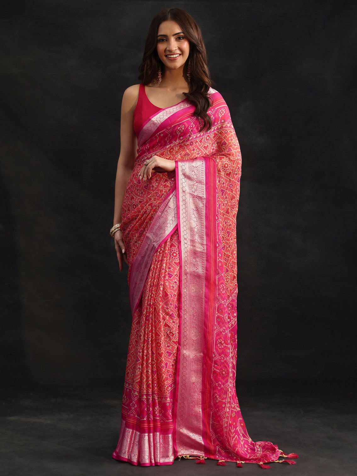 Mameraa Rani Pink Patola Printed Chiffon Saree