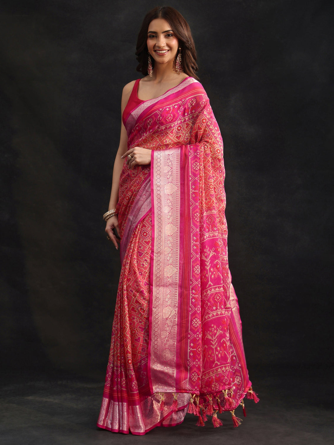 Mameraa Rani Pink Patola Printed Chiffon Saree