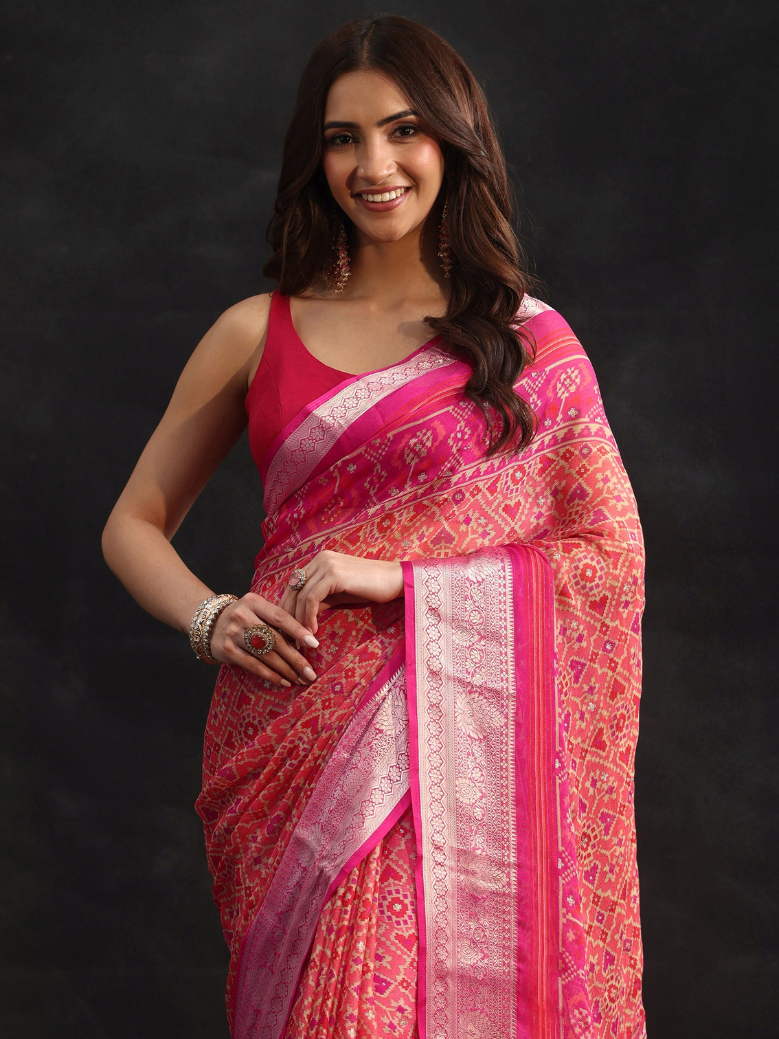 Mameraa Rani Pink Patola Printed Chiffon Saree