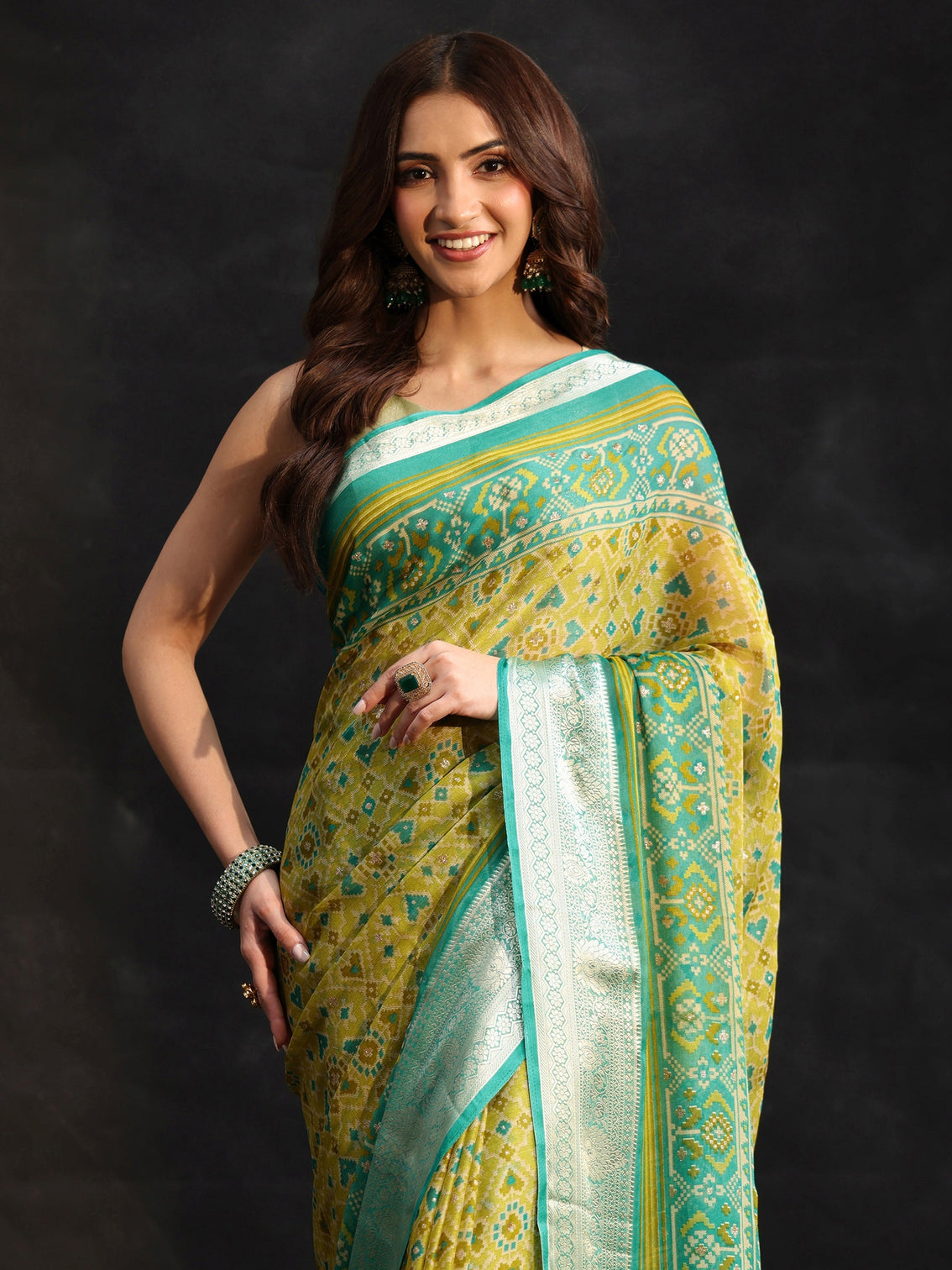 Mameraa Sea Green Patola Printed Chiffon Saree