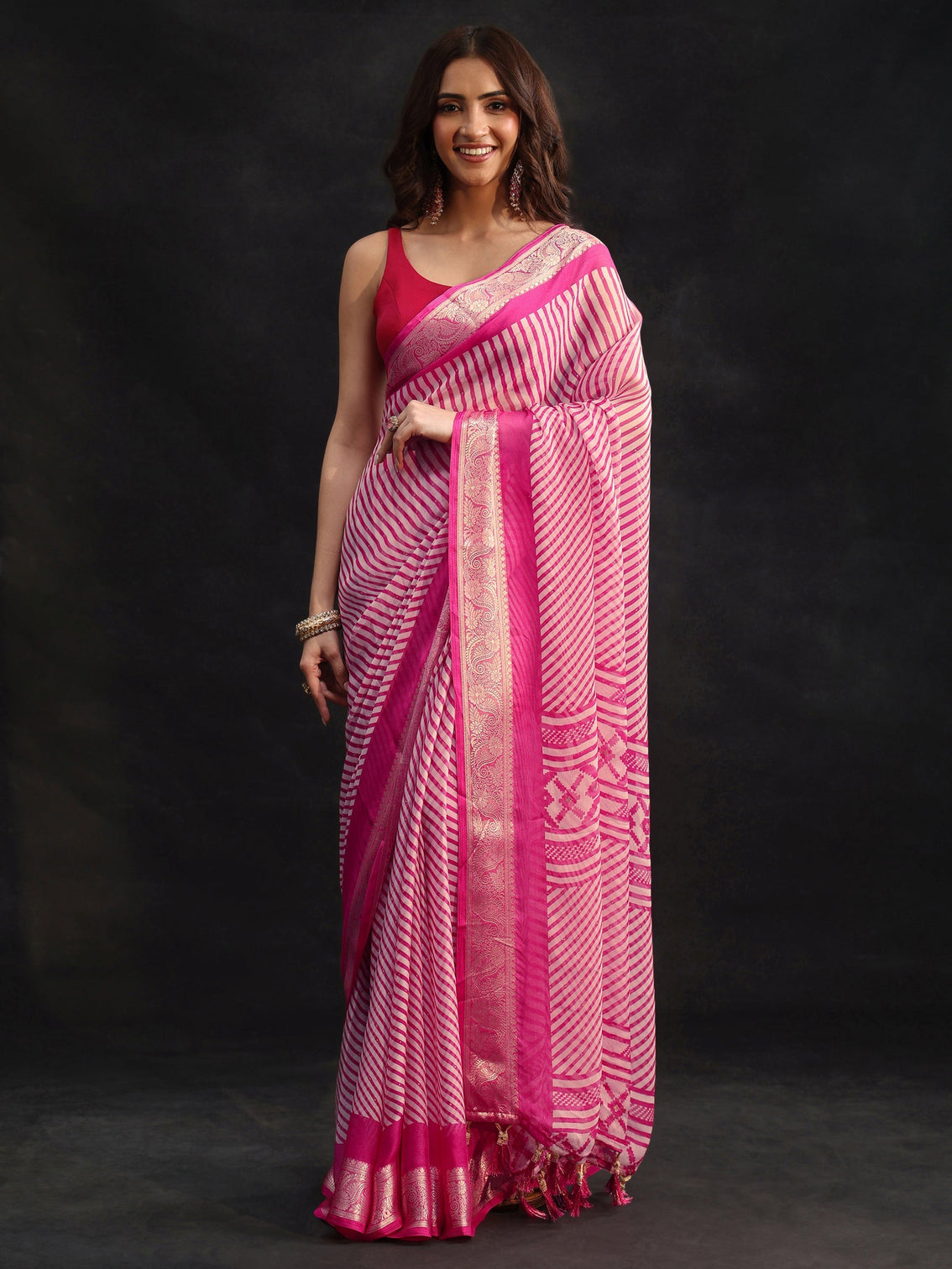Mameraa Hot Pink Striped Chiffon Saree with Paisley Border