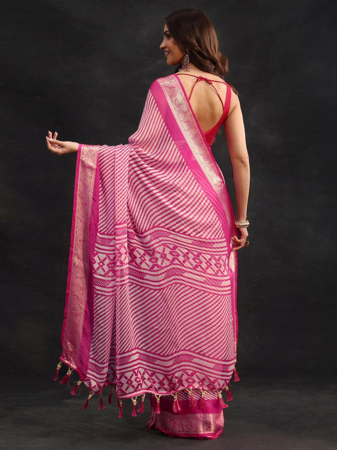 Mameraa Hot Pink Striped Chiffon Saree with Paisley Border
