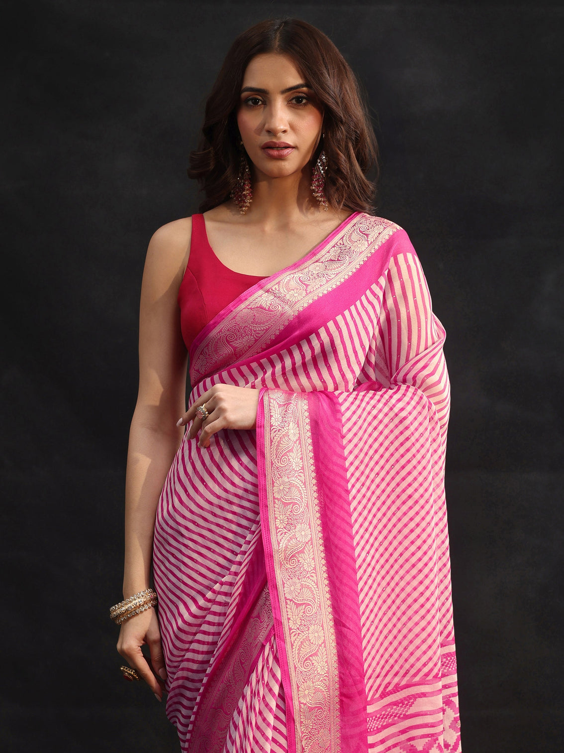 Mameraa Hot Pink Striped Chiffon Saree with Paisley Border