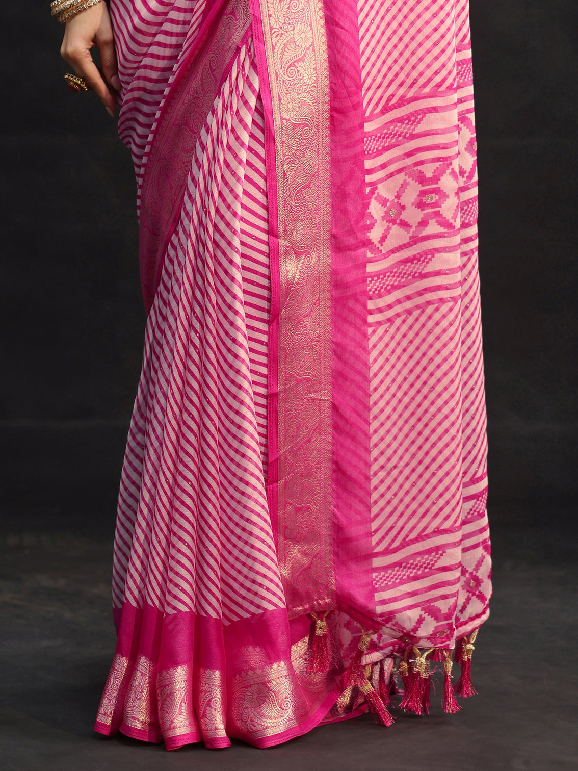 Mameraa Hot Pink Striped Chiffon Saree with Paisley Border