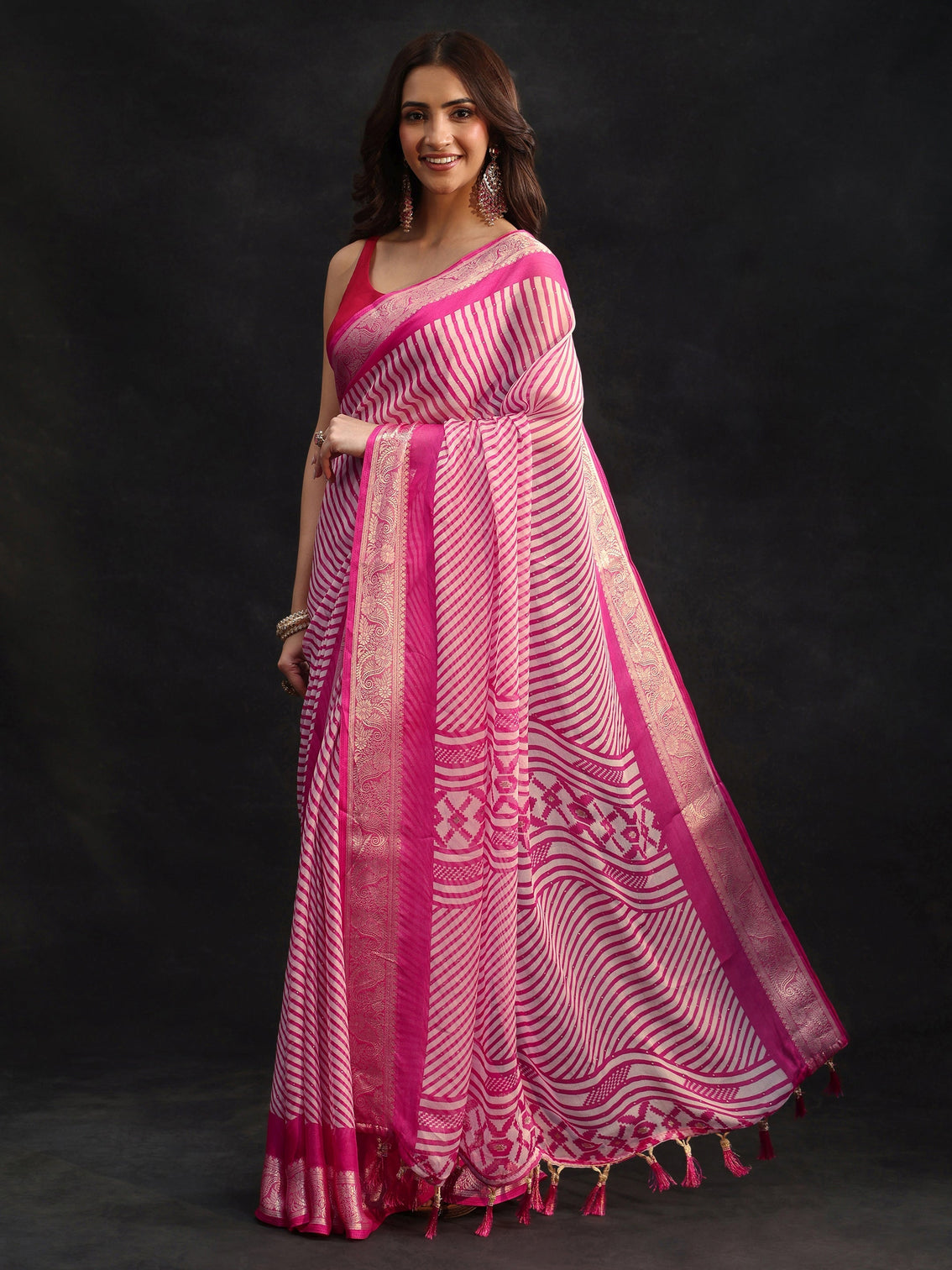 Mameraa Hot Pink Striped Chiffon Saree with Paisley Border