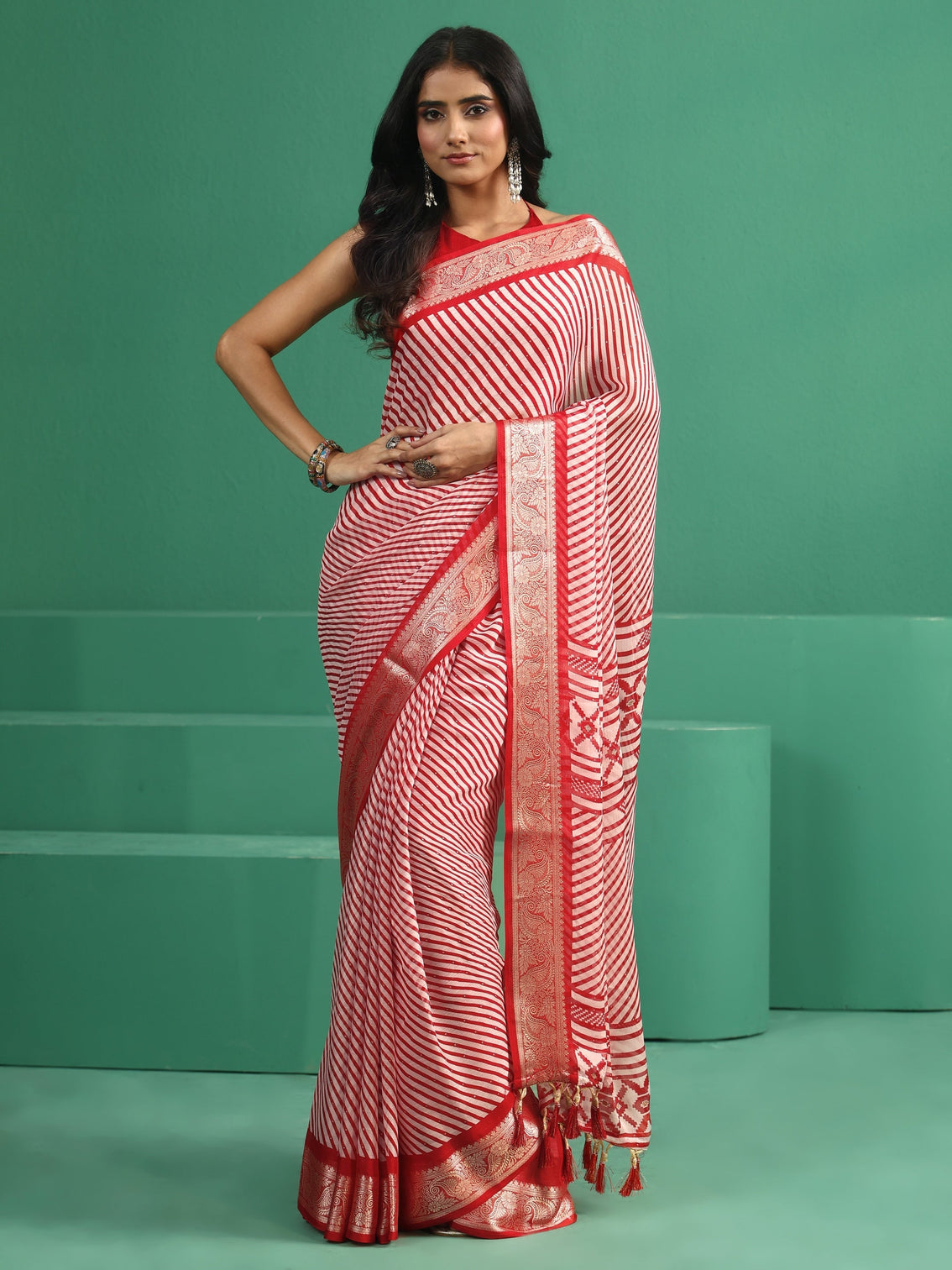 Mameraa Red Striped Chiffon Saree