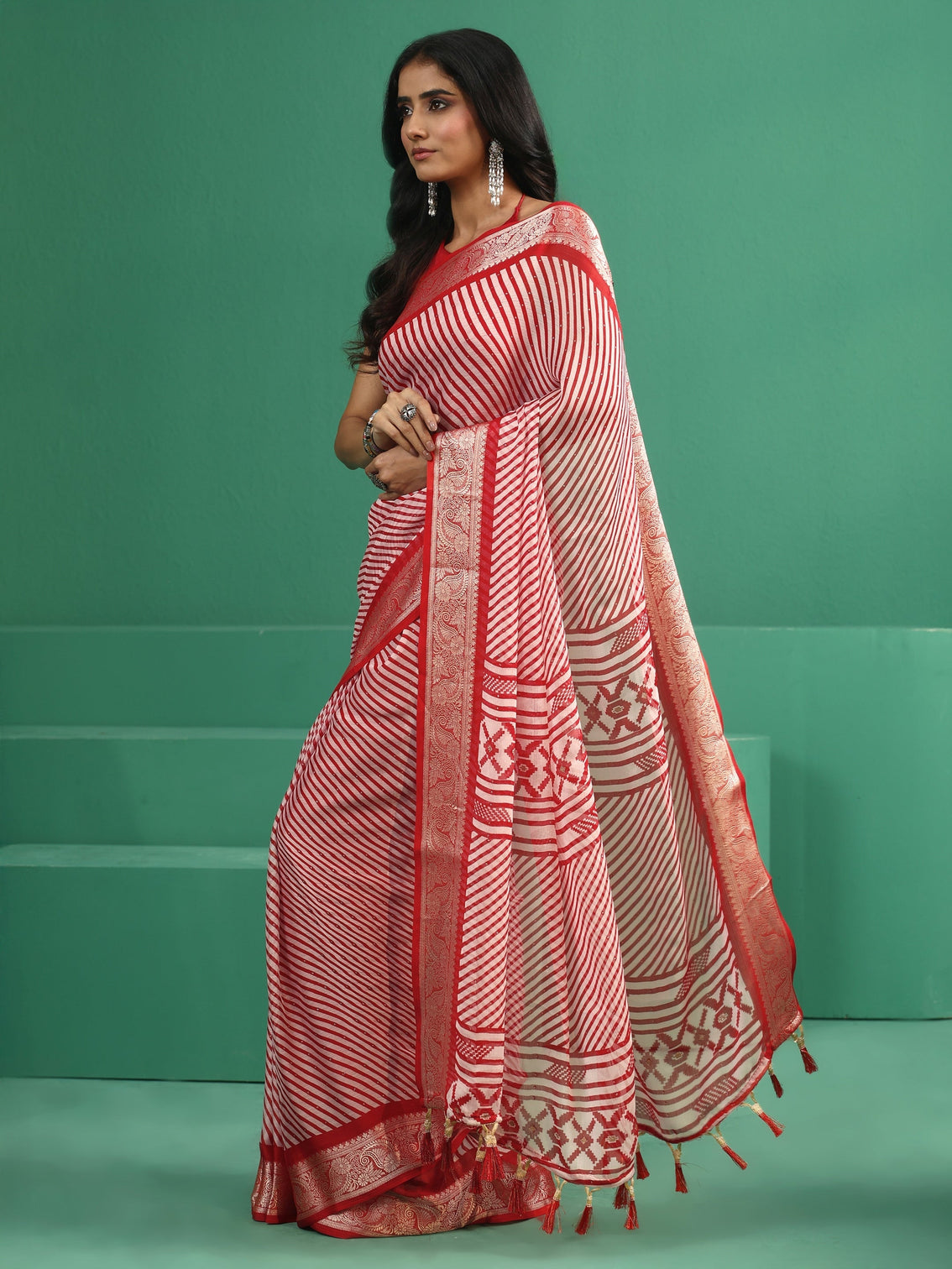 Mameraa Red Striped Chiffon Saree