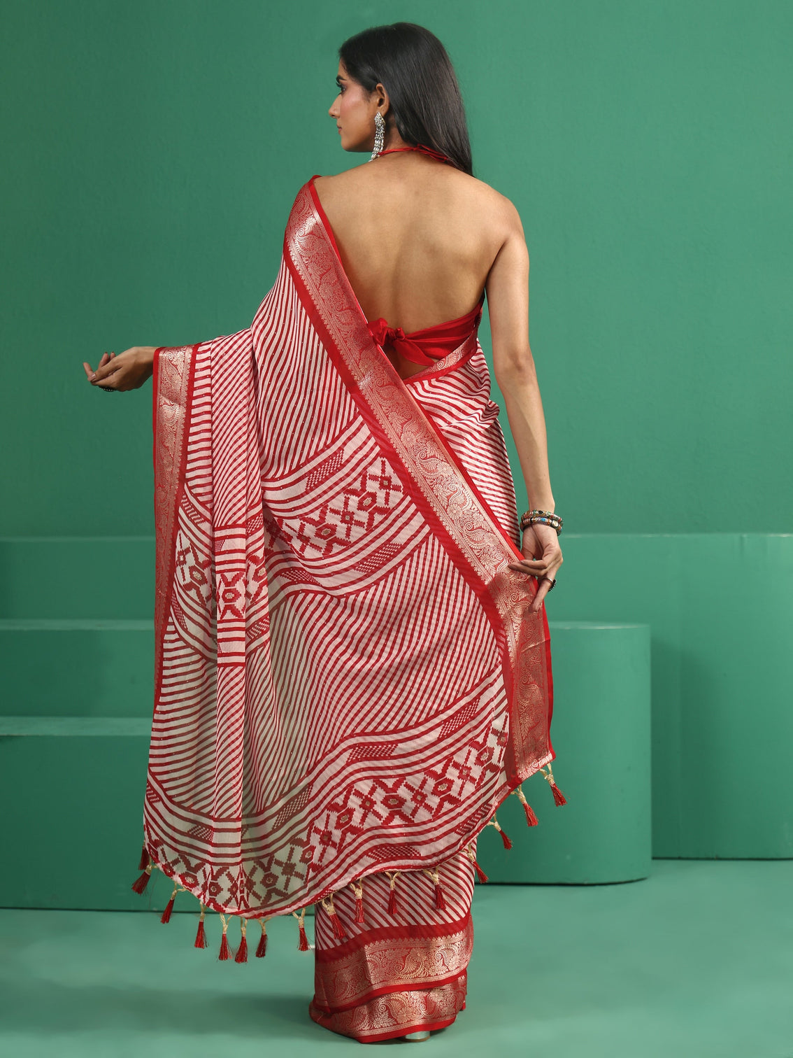 Mameraa Red Striped Chiffon Saree